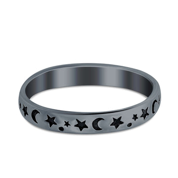 Stars Moon Plain Ring Band Solid Black Tone Round 925 Sterling Silver